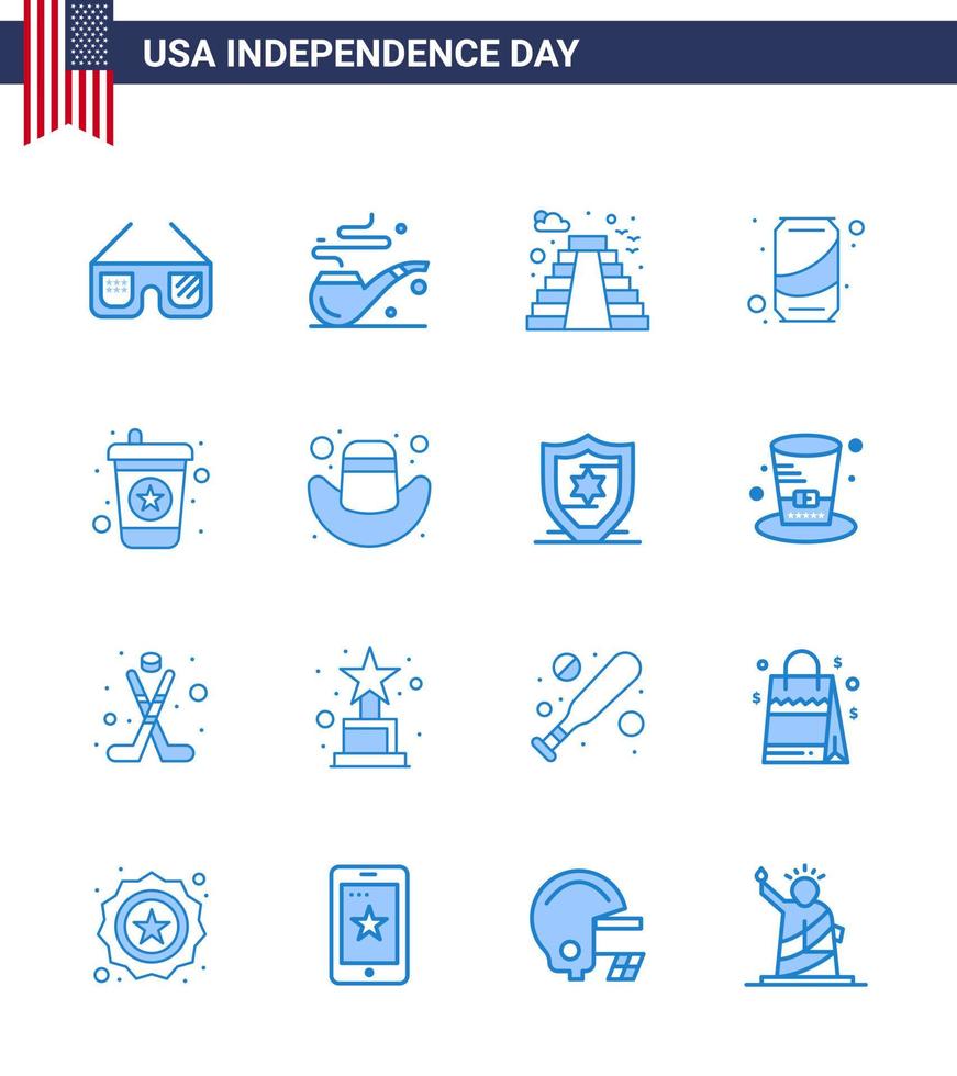 paquete azul de 16 símbolos del día de la independencia de estados unidos de bebidas gaseosas edificio cola puede elementos de diseño vectorial editables del día de estados unidos vector