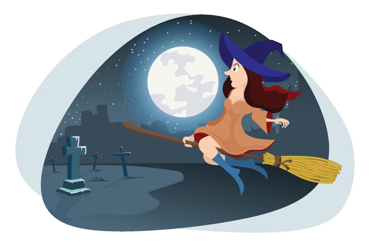 Halloween witch flying on broom vector illustration.