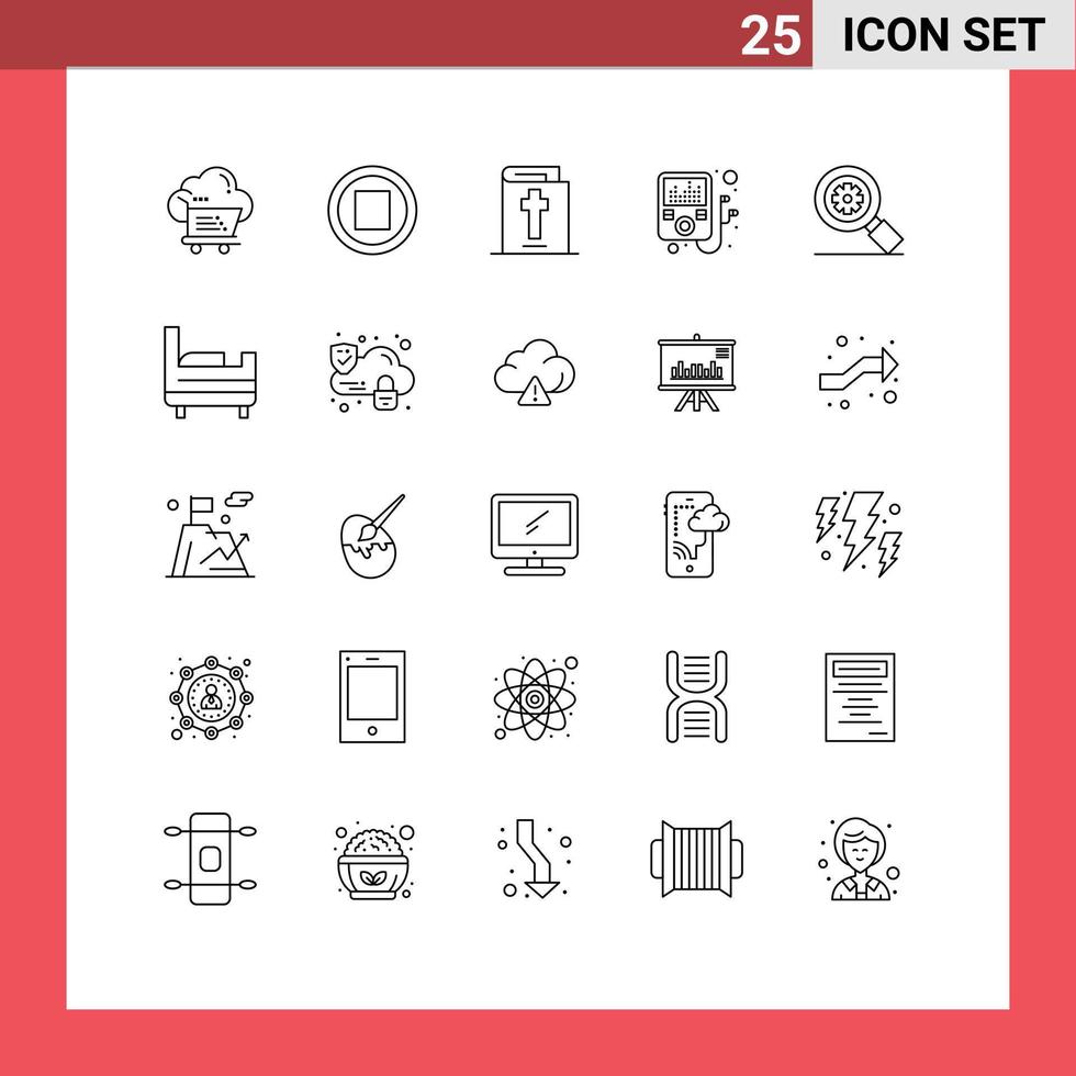 25 User Interface Line Pack of modern Signs and Symbols of bed gear bible search player Editable Vector Design Elements