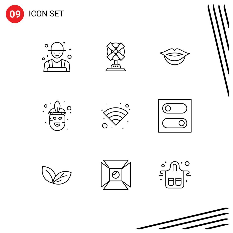 Group of 9 Outlines Signs and Symbols for control wifi lips technology mardi gras Editable Vector Design Elements