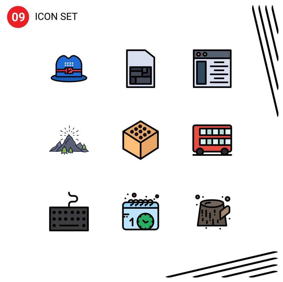 Editable Vector Line Pack of 9 Simple Filledline Flat Colors of decker edge server cube mountain Editable Vector Design Elements