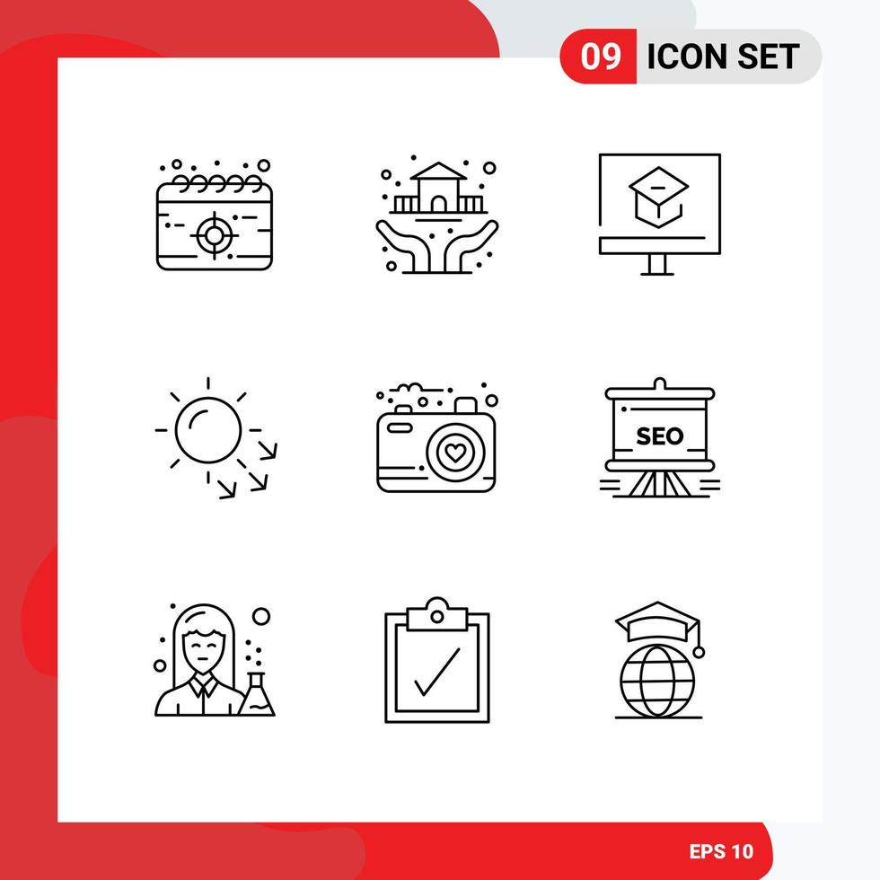 Set of 9 Modern UI Icons Symbols Signs for camera skin education dry skin school Editable Vector Design Elements