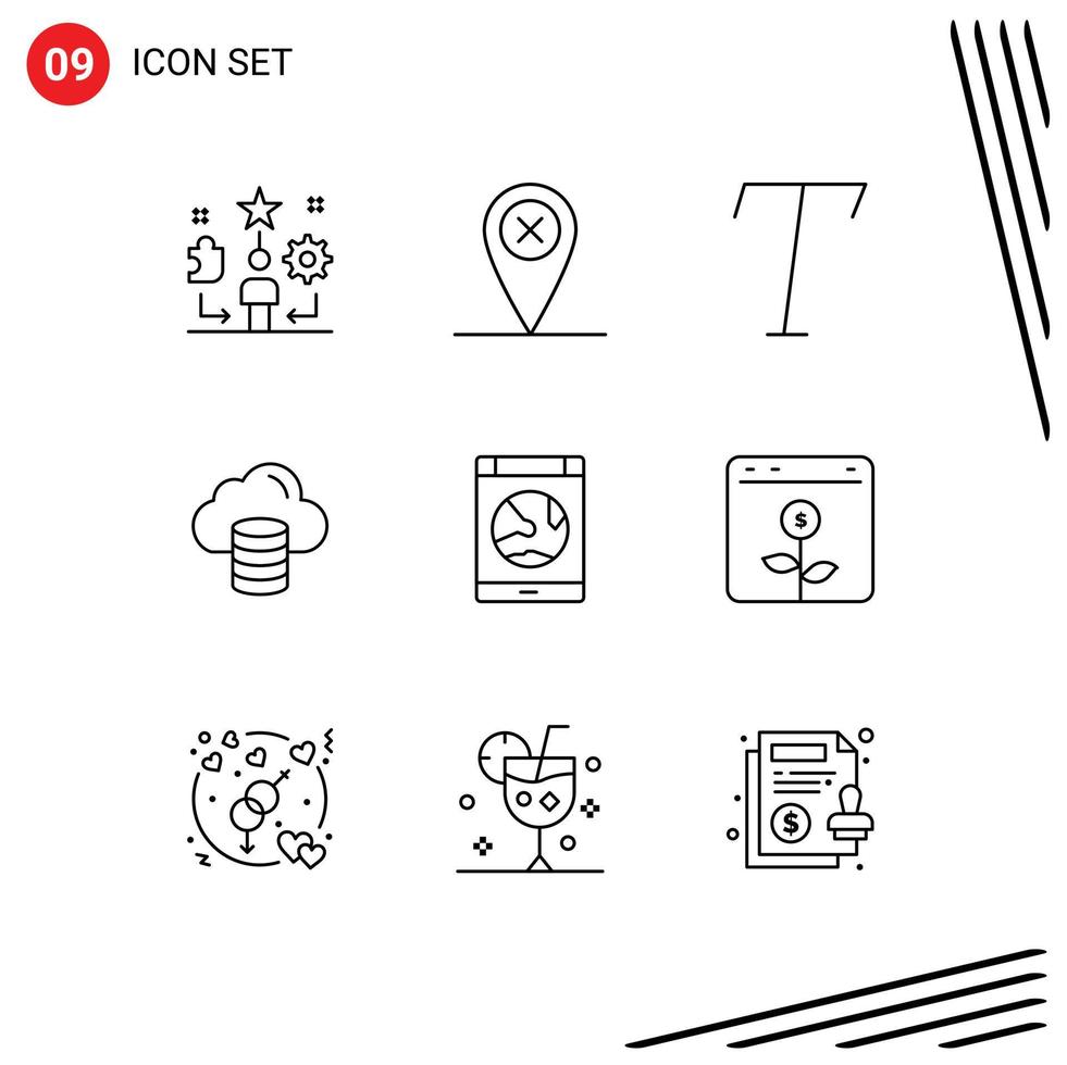 9 User Interface Outline Pack of modern Signs and Symbols of online connection font app money Editable Vector Design Elements