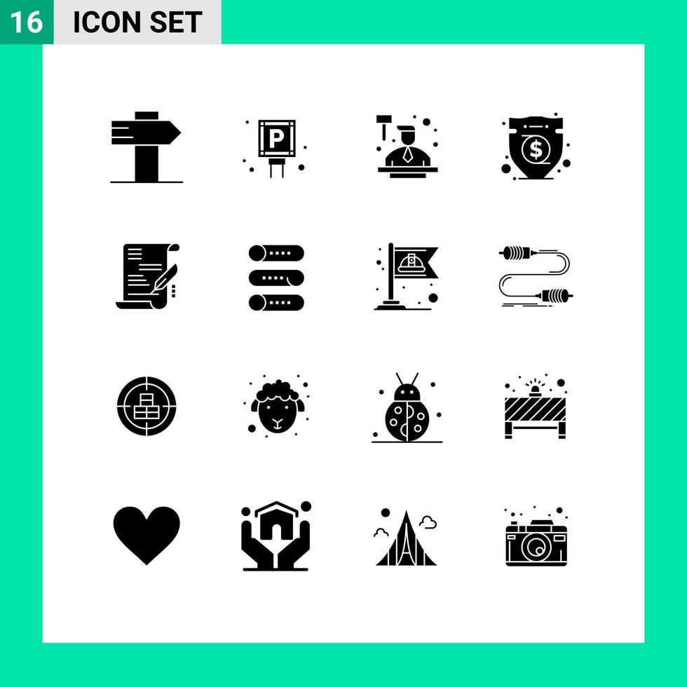 16 Universal Solid Glyphs Set for Web and Mobile Applications document agreement auctioneer money insurance Editable Vector Design Elements