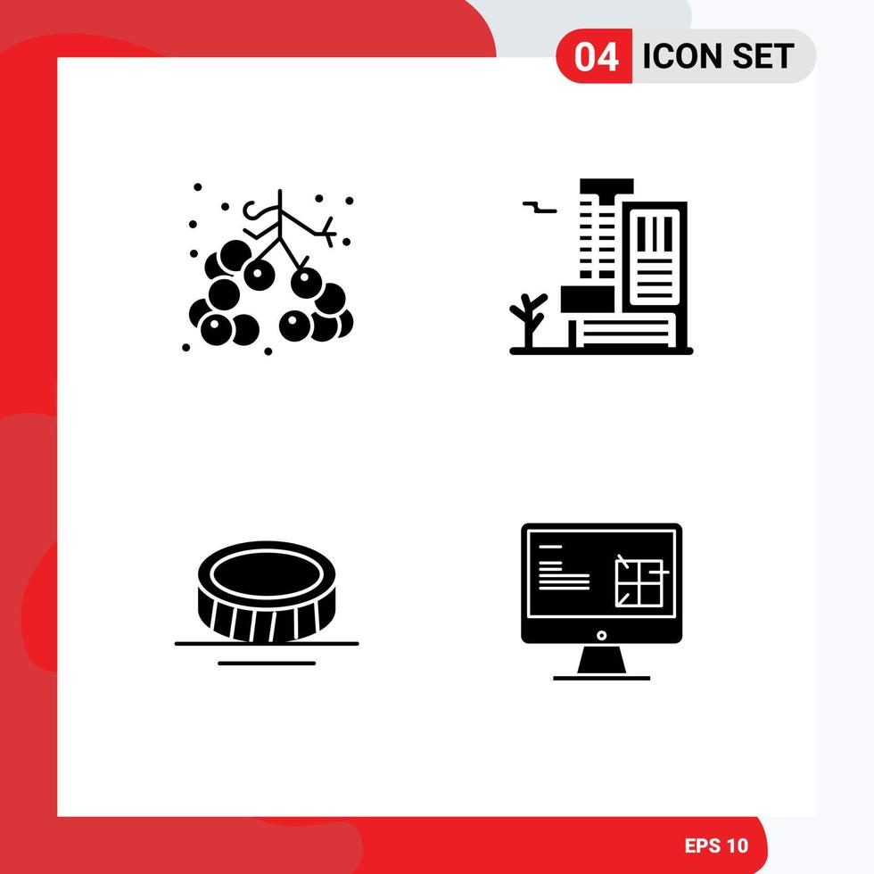 4 Universal Solid Glyph Signs Symbols of berries coin fruit real computer Editable Vector Design Elements