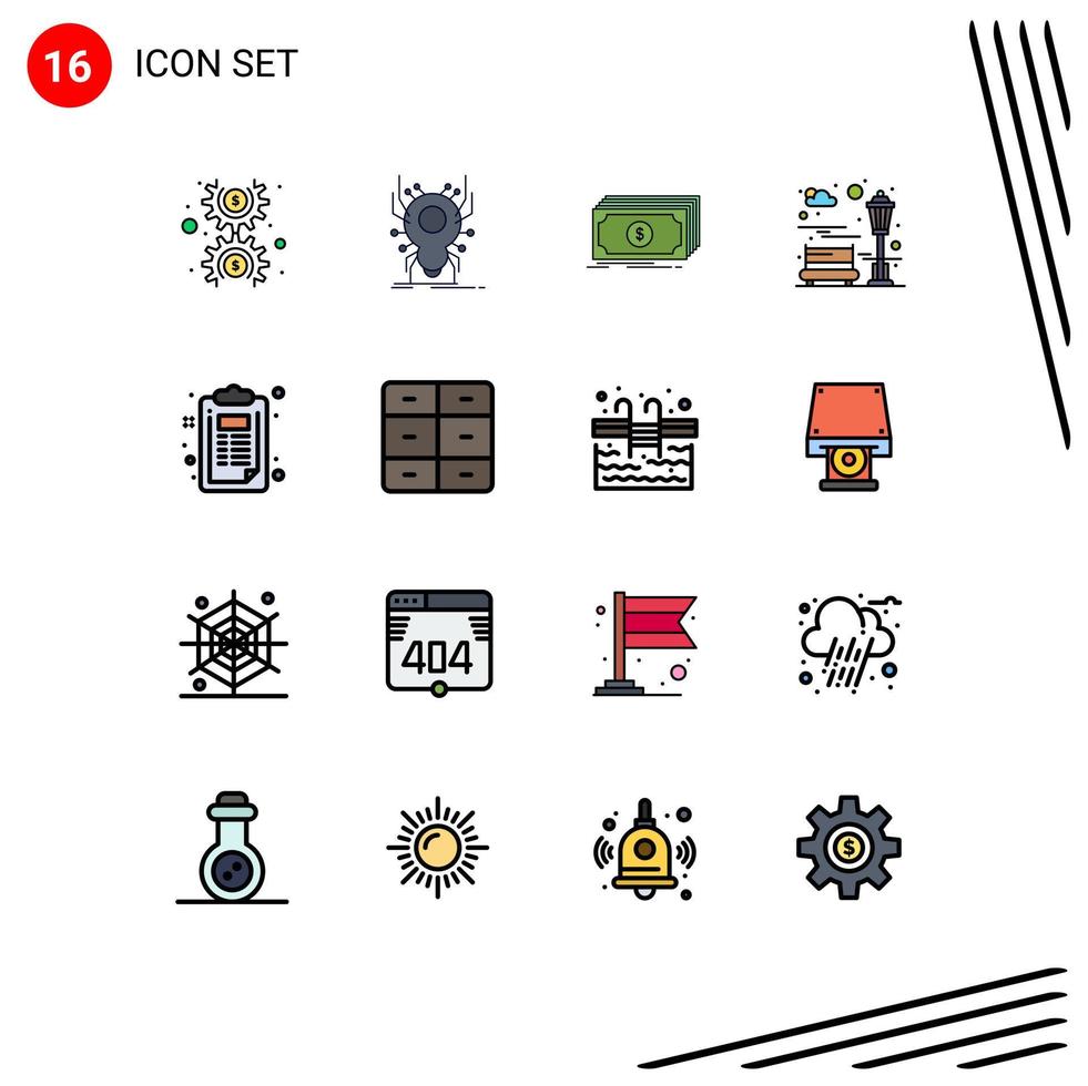 Mobile Interface Flat Color Filled Line Set of 16 Pictograms of recreation city app bench funds Editable Creative Vector Design Elements