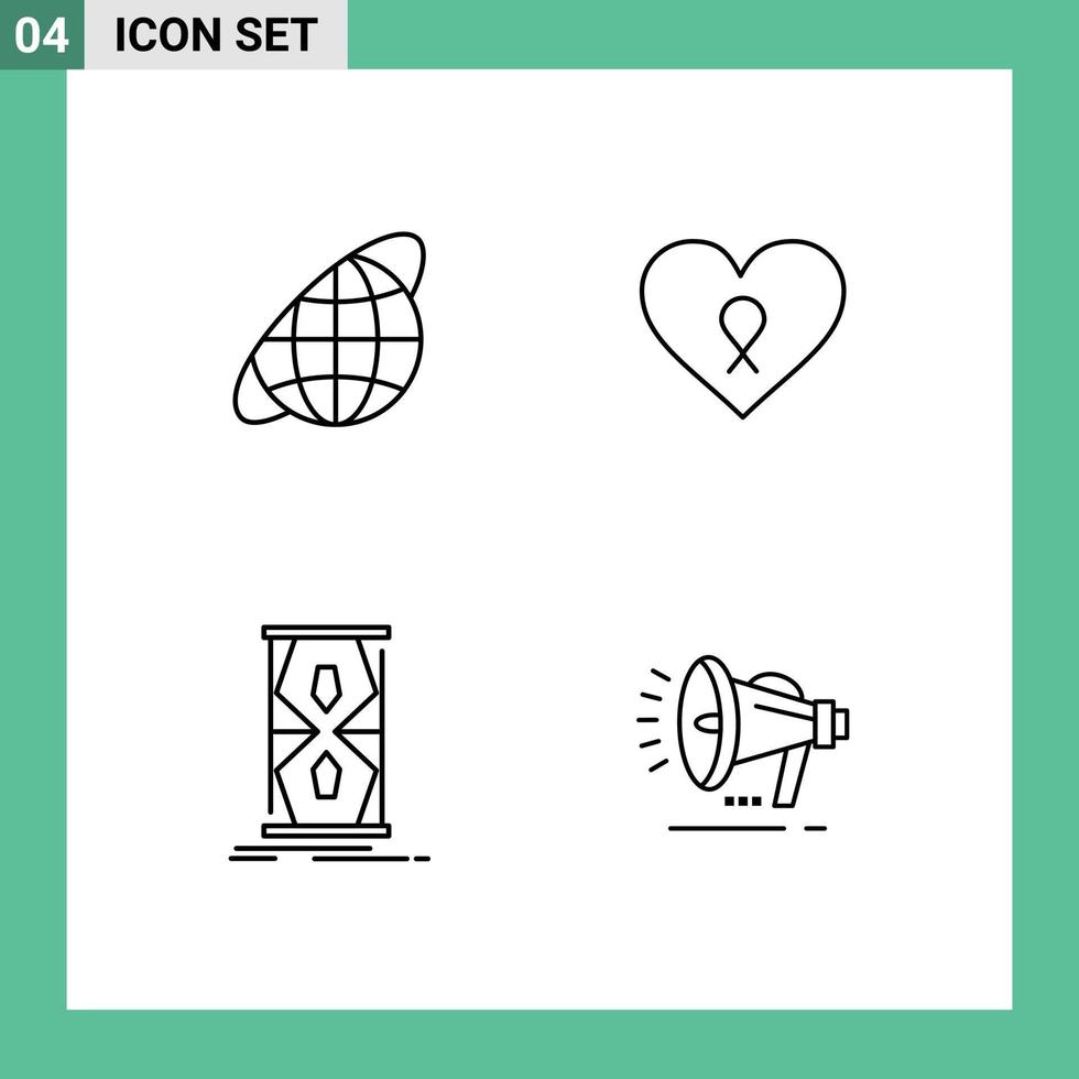 Pack of 4 creative Filledline Flat Colors of globe clock universe romance sand clock Editable Vector Design Elements