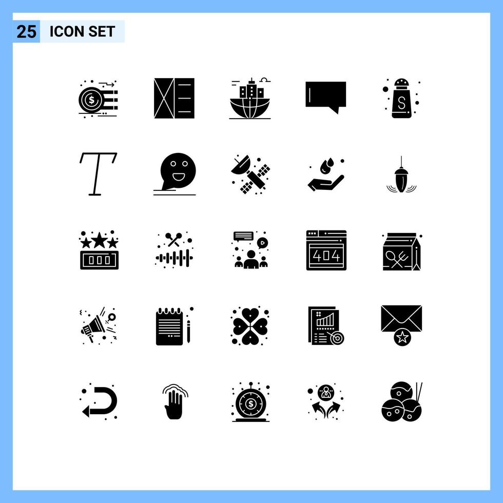 grupo de 25 signos y símbolos de glifos sólidos para servir elementos de diseño de vectores editables globales de burbuja de billetera de chat