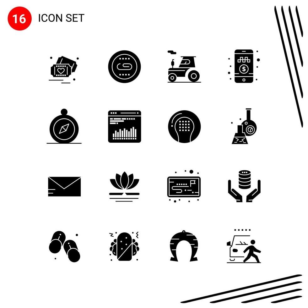 Collection of 16 Vector Icons in solid style Pixle Perfect Glyph Symbols for Web and Mobile Solid Icon Signs on White Background 16 Icons Creative Black Icon vector background