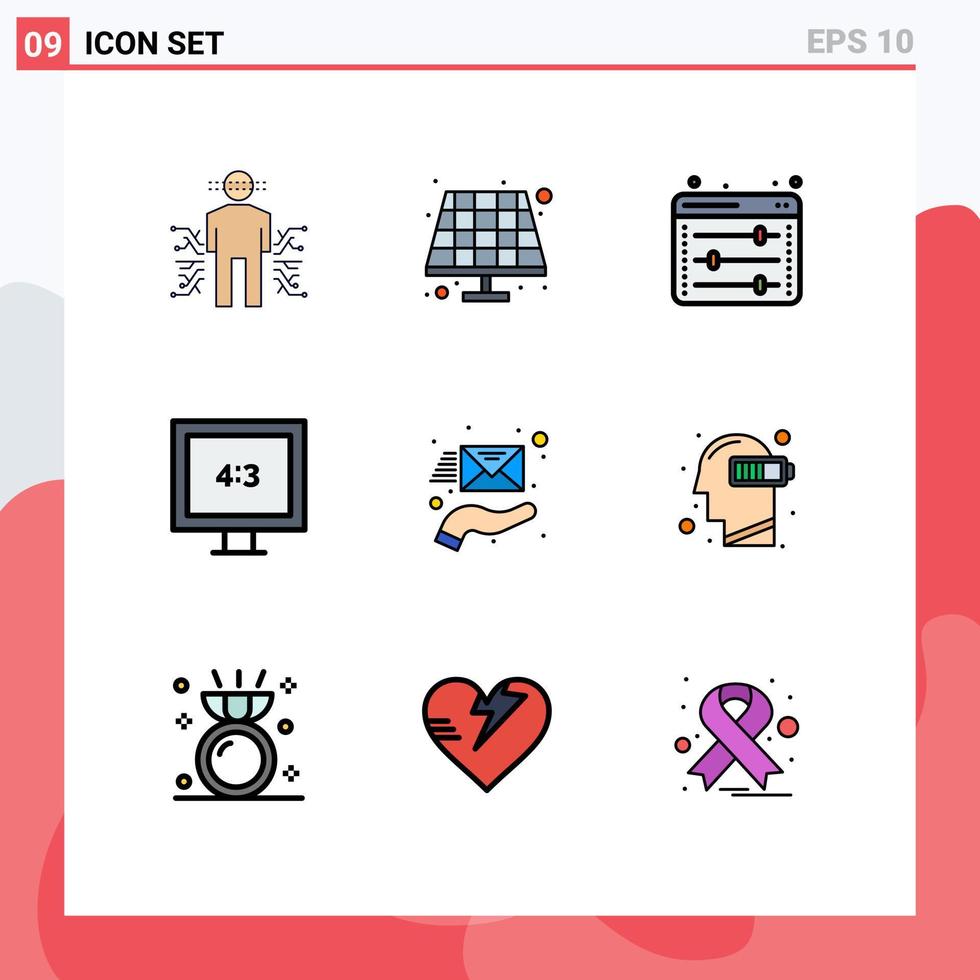 Pictogram Set of 9 Simple Filledline Flat Colors of hand email equalizer tv aspect ratio Editable Vector Design Elements