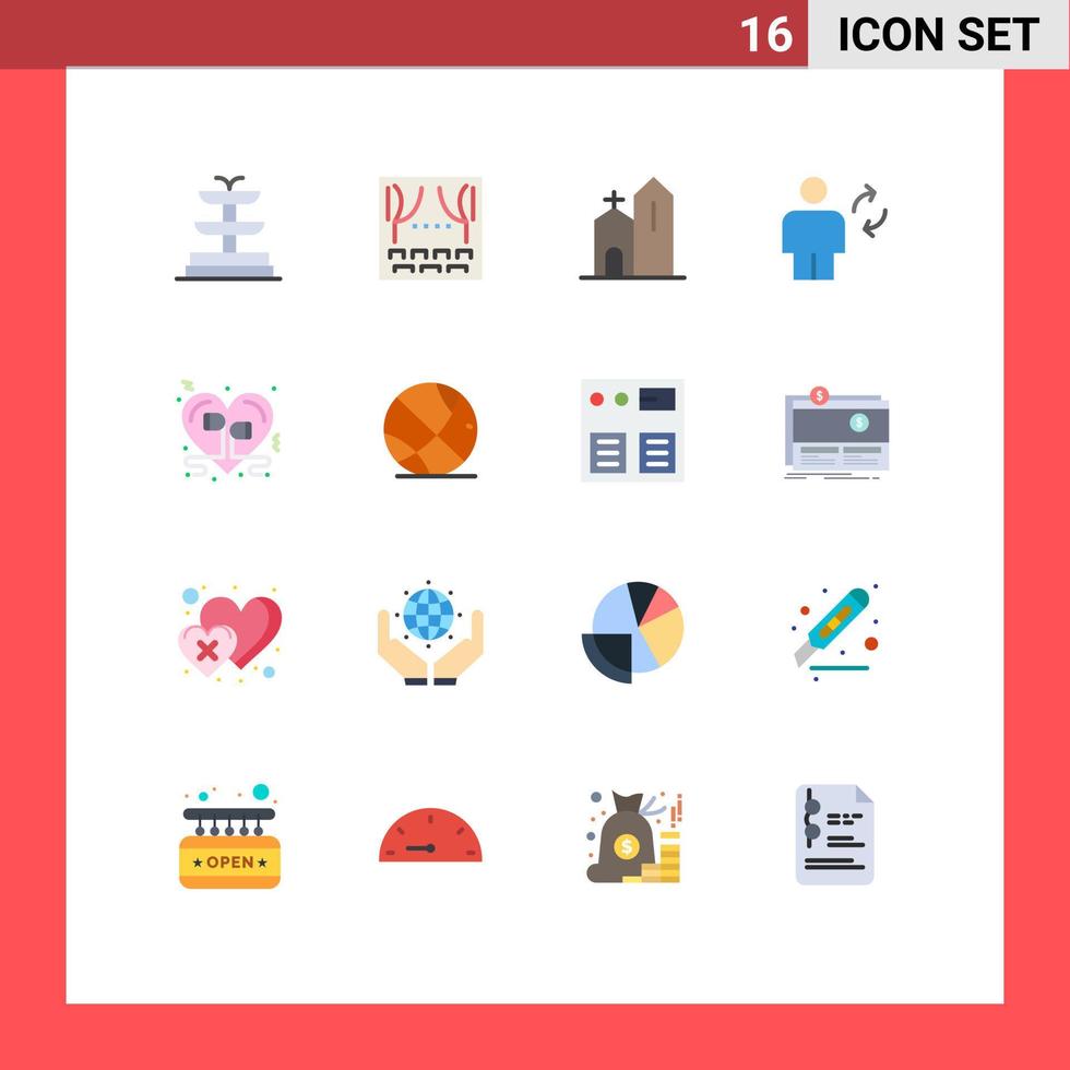 Mobile Interface Flat Color Set of 16 Pictograms of heart update church sync body Editable Pack of Creative Vector Design Elements