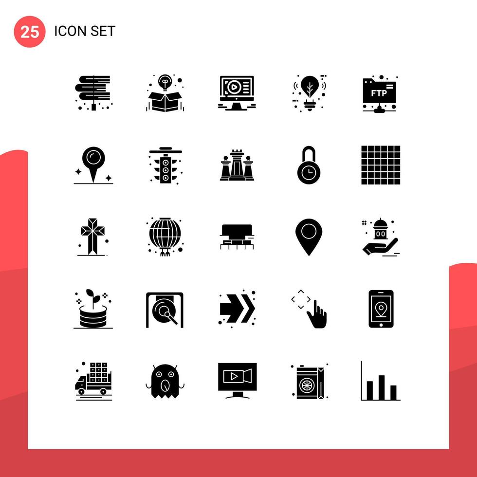 Set of 25 Vector Solid Glyphs on Grid for lighting eco package bulb video Editable Vector Design Elements