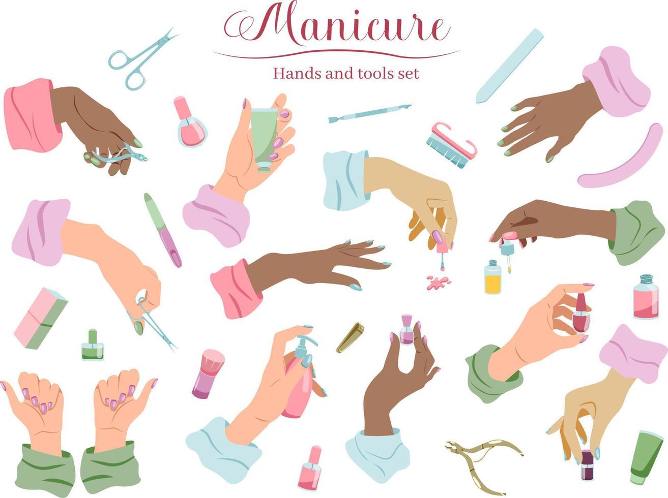 Manicure tools and female hand beauty care set in flat style isolated on white background vector