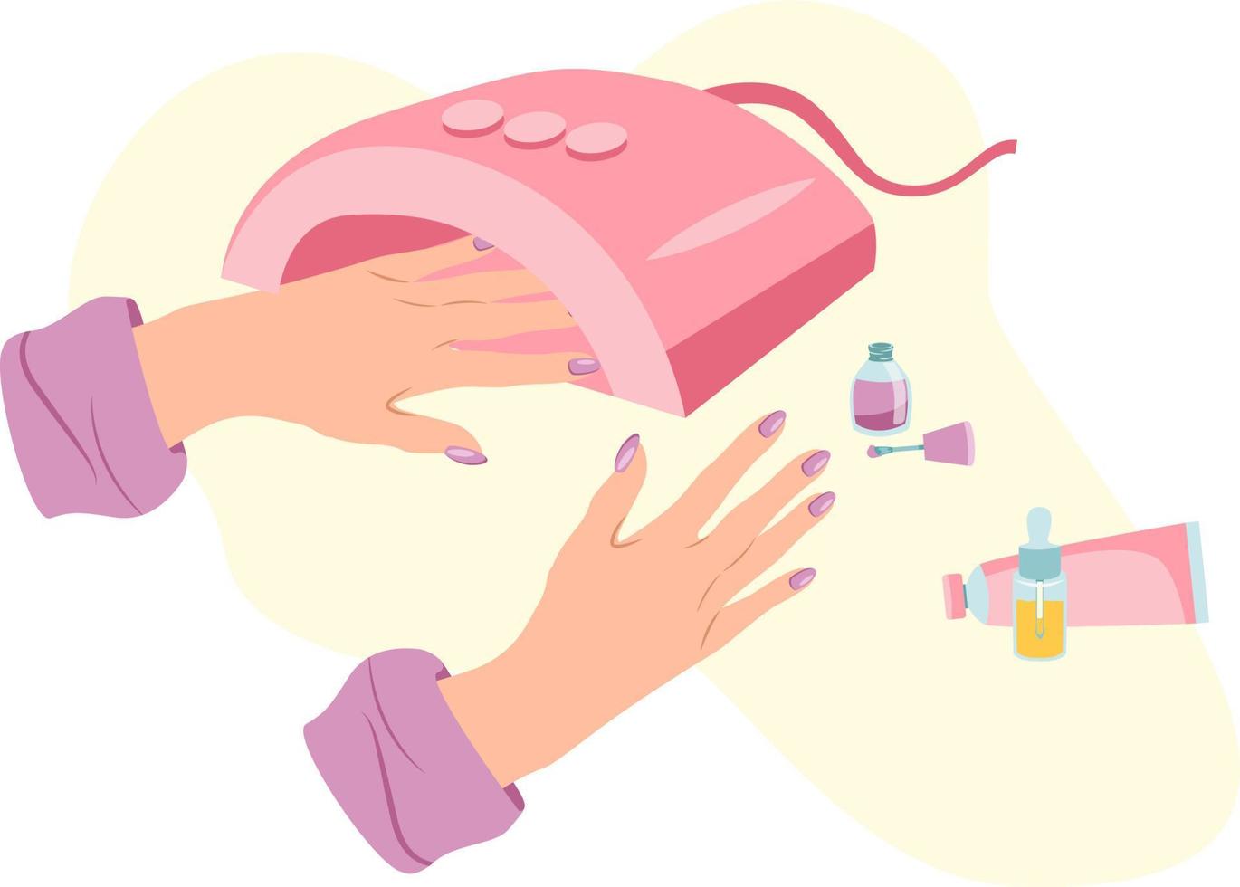 Caucasian woman puts her hand into UV lamp to dry her manicure in flat style vector