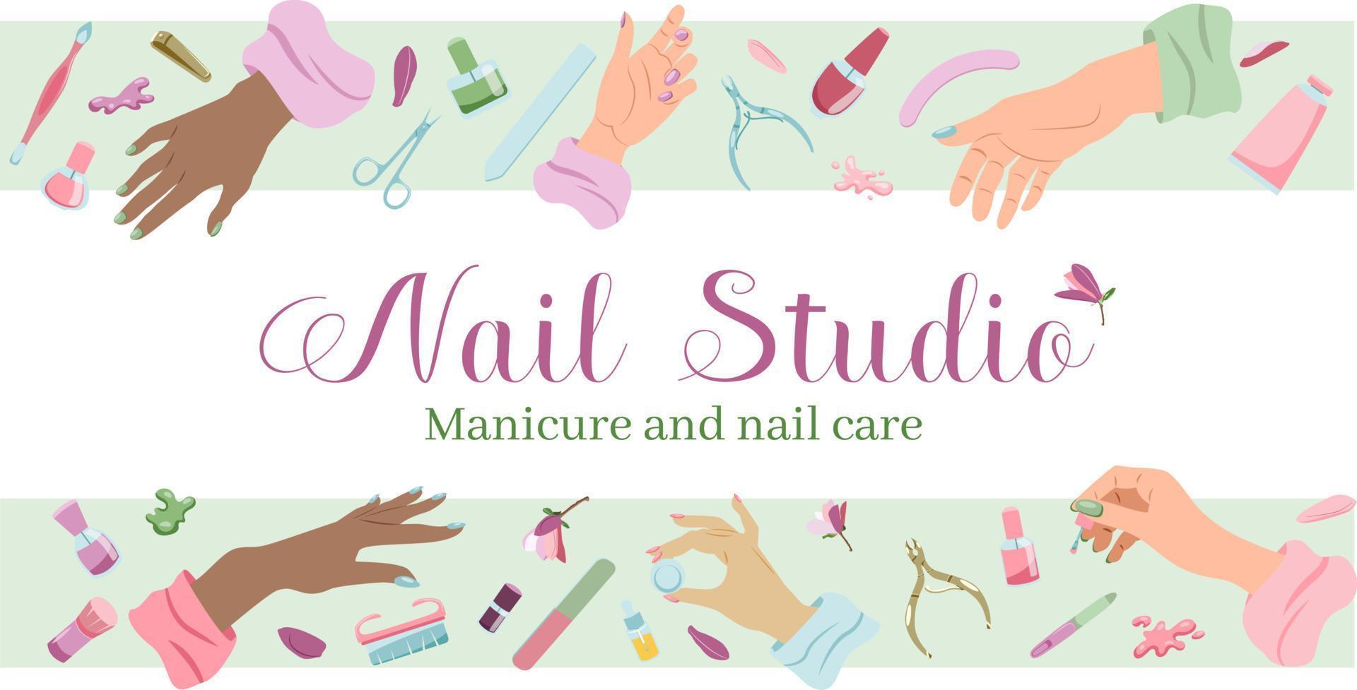 Horizontal banner with female hands and manicure tools set in flat style for web design vector