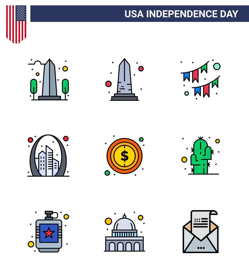 conjunto de 9 iconos del día de los ee.uu. símbolos americanos signos del día de la independencia para la fiesta de los ee.uu. vector