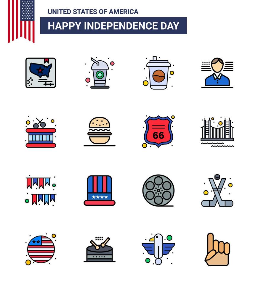 4th July USA Happy Independence Day Icon Symbols Group of 16 Modern Flat Filled Lines of usa eat man burger instrument Editable USA Day Vector Design Elements