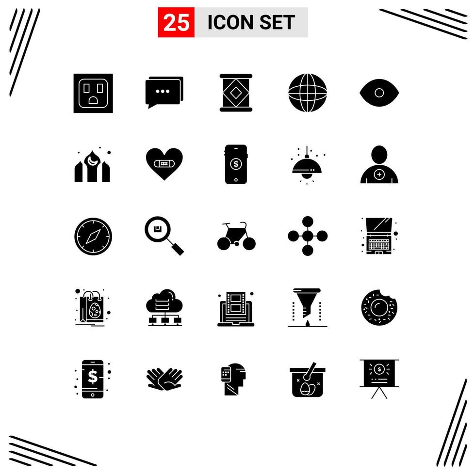 Mobile Interface Solid Glyph Set of 25 Pictograms of kareem architecture arrow vision face Editable Vector Design Elements