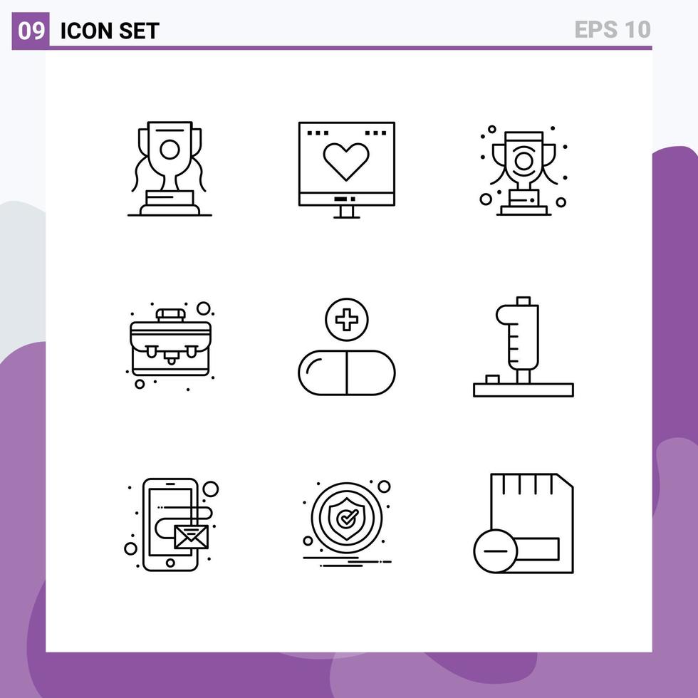 Mobile Interface Outline Set of 9 Pictograms of medical thing money portfolio winner Editable Vector Design Elements