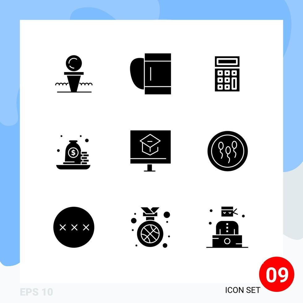 Pack of 9 Modern Solid Glyphs Signs and Symbols for Web Print Media such as knowledge loan calculator bag mortgage Editable Vector Design Elements