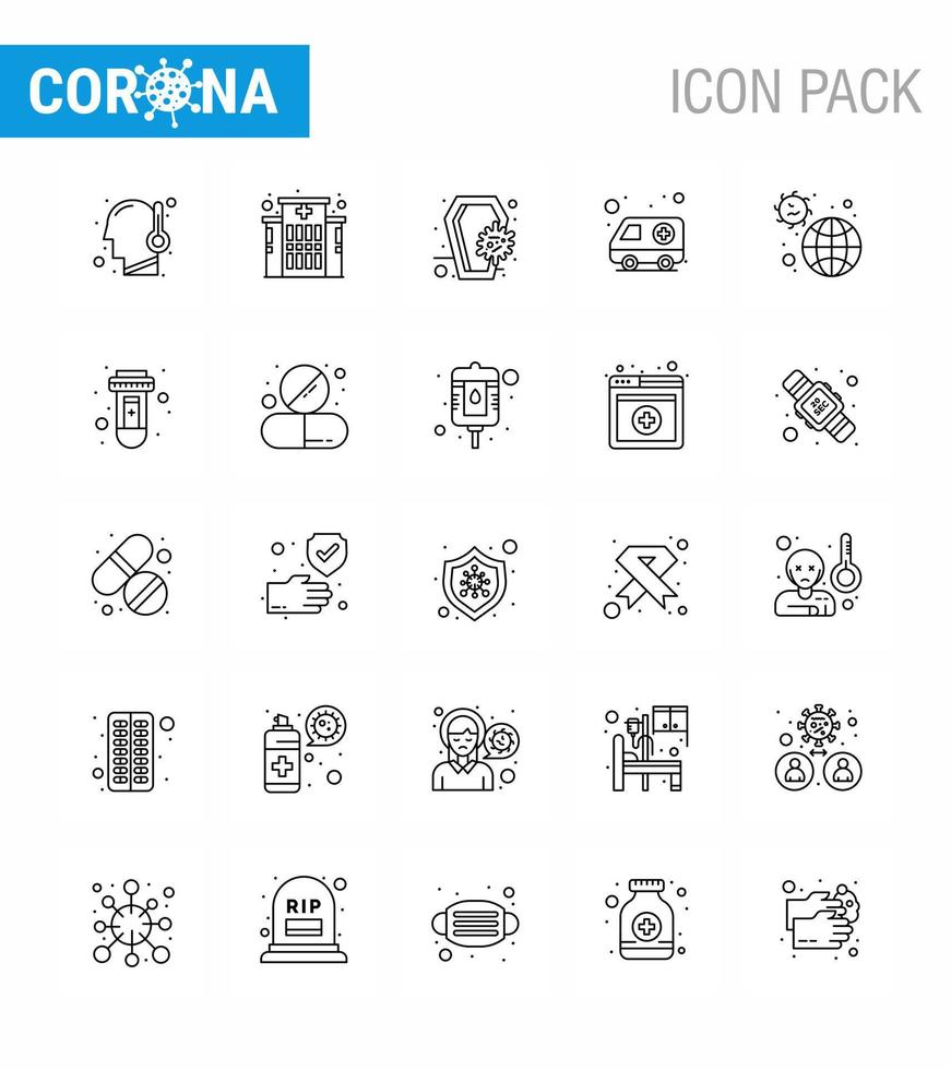 Coronavirus Precaution Tips icon for healthcare guidelines presentation 25 line icon pack such as incident transport coronavirus hospital ambulance viral coronavirus 2019nov disease Vector Design