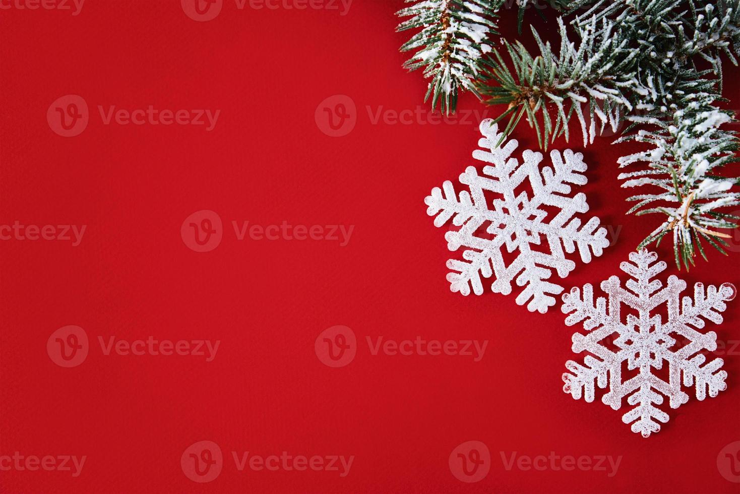 Christmas composition with white snowflake and christmas tree branch photo