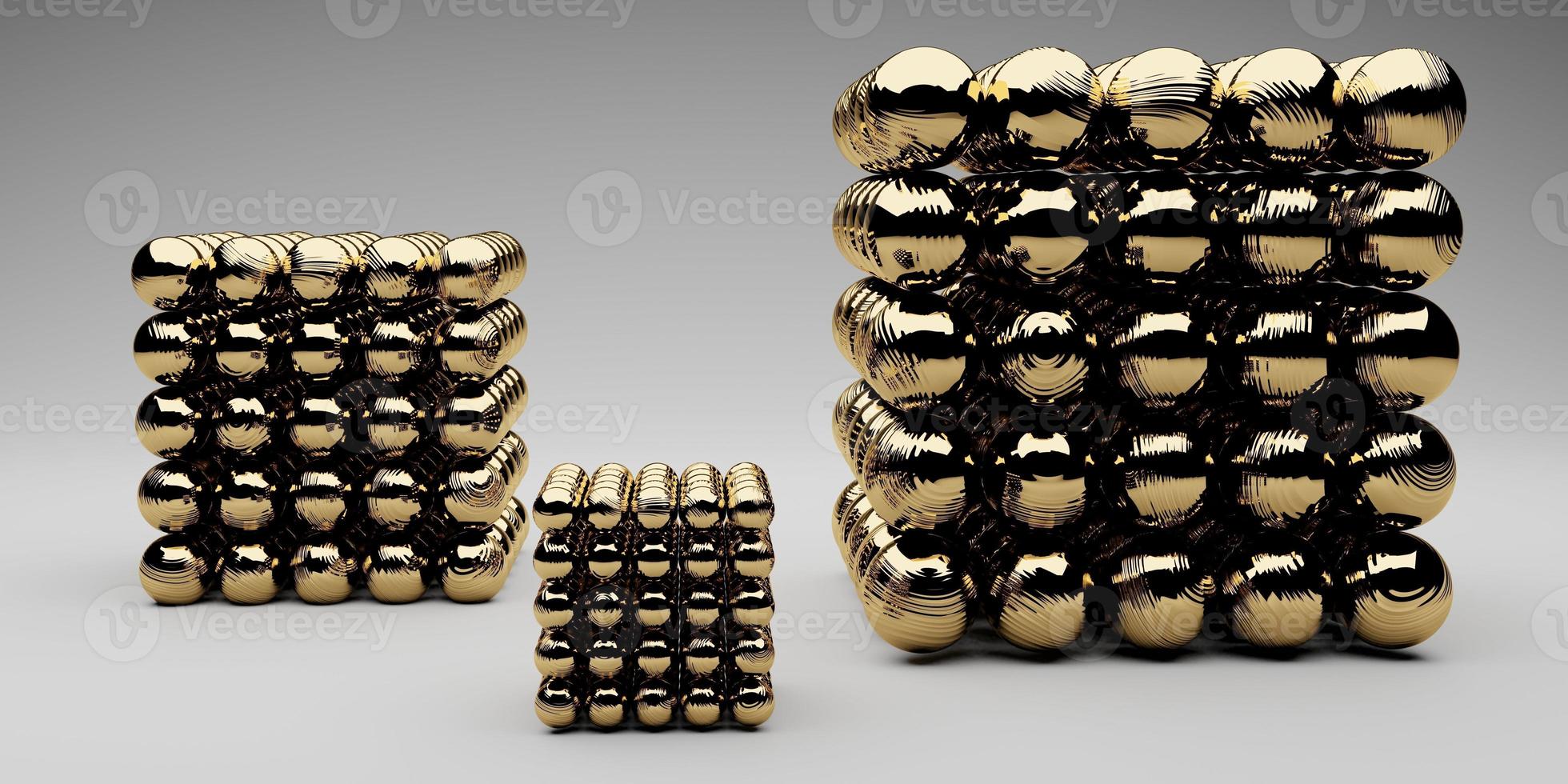 Gold sphere ball on golden background with reflection. 3D rendering. photo