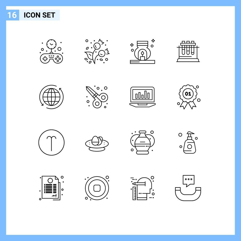 Mobile Interface Outline Set of 16 Pictograms of globe science burner chemistry lab Editable Vector Design Elements