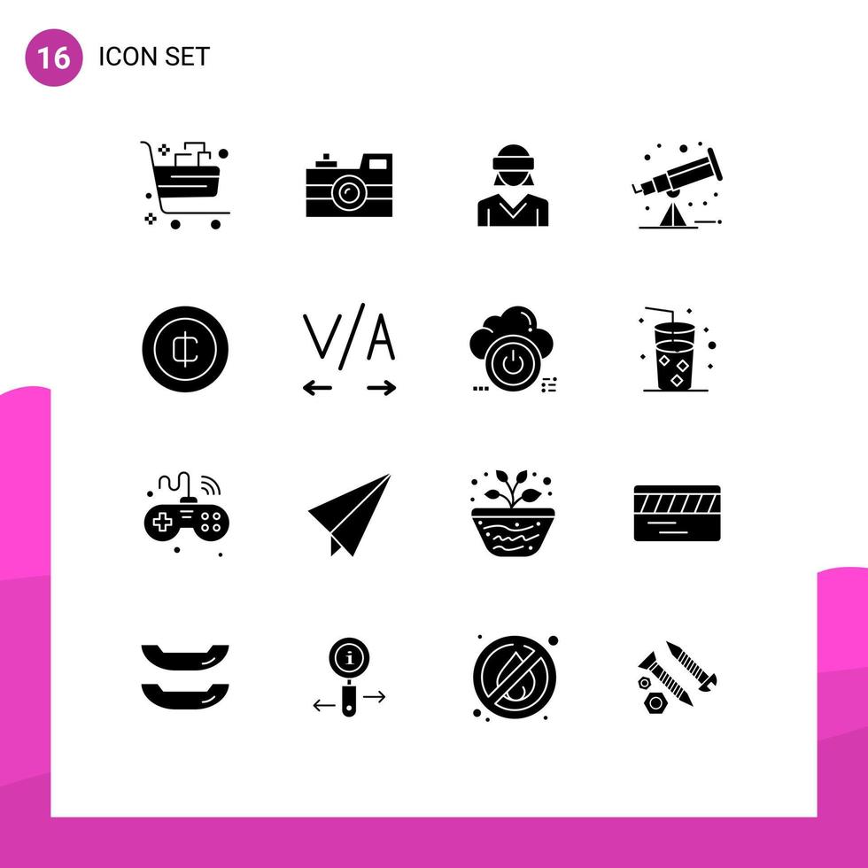 Solid Glyph Pack of 16 Universal Symbols of telescope astronomy retro camera woman reality Editable Vector Design Elements