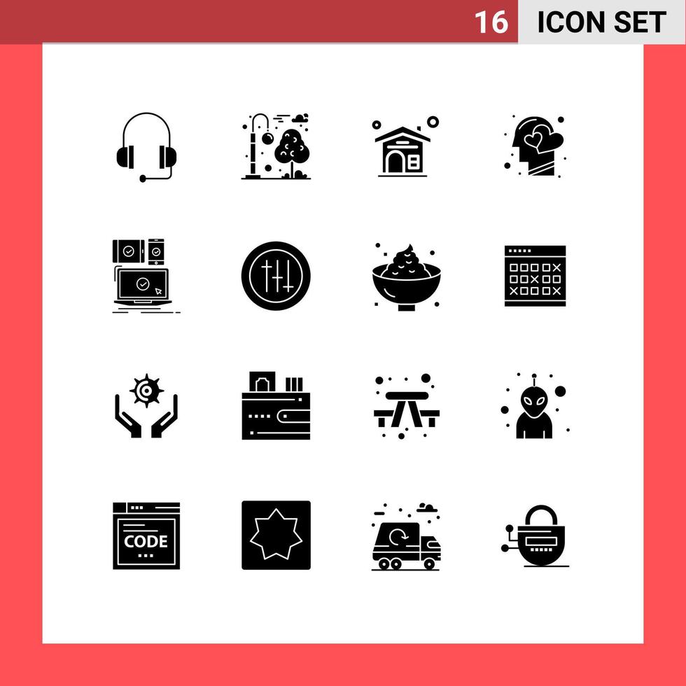 Set of 16 Vector Solid Glyphs on Grid for mobile computer house human head Editable Vector Design Elements