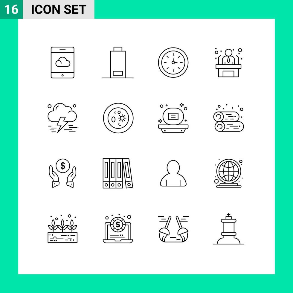 Stock Vector Icon Pack of 16 Line Signs and Symbols for thunderstorm insurance speedometer cloud worker Editable Vector Design Elements