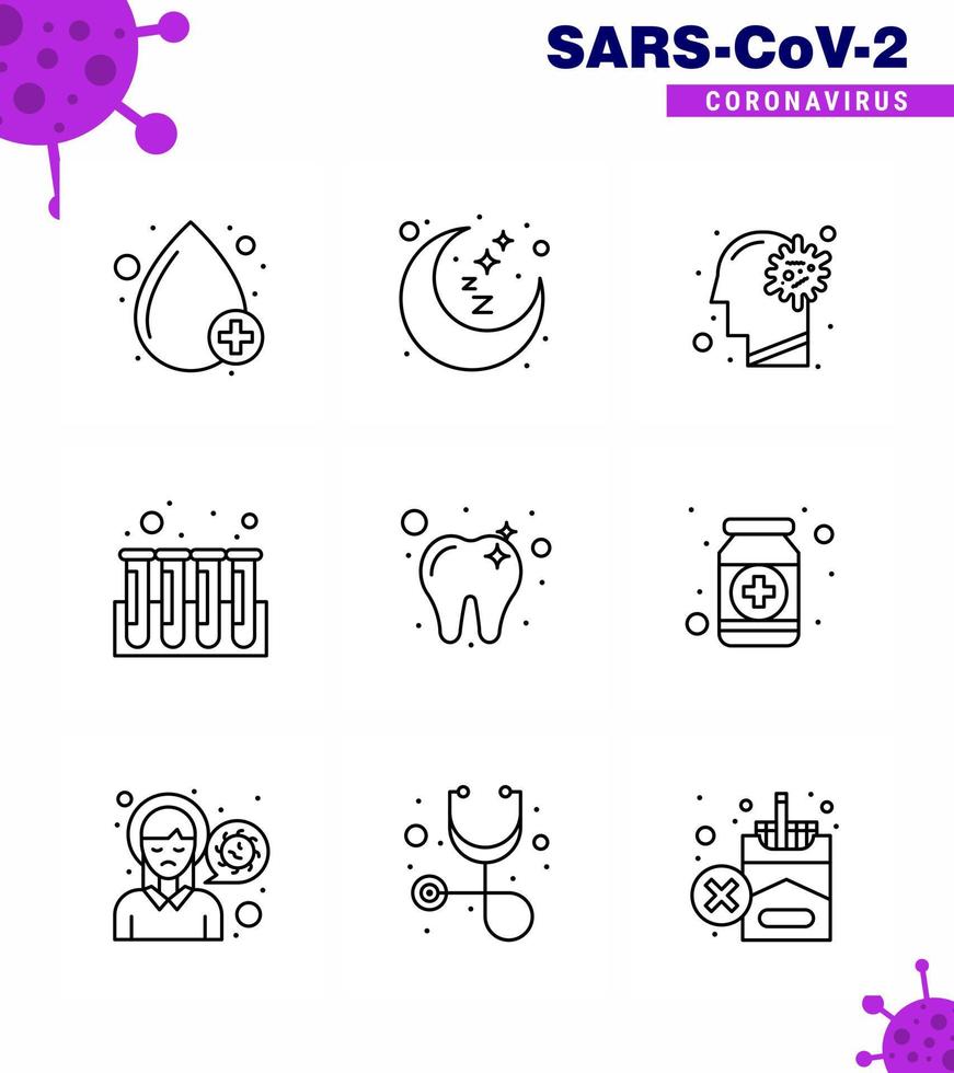 CORONAVIRUS 9 Line Icon set on the theme of Corona epidemic contains icons such as care test cold experiment brain viral coronavirus 2019nov disease Vector Design Elements