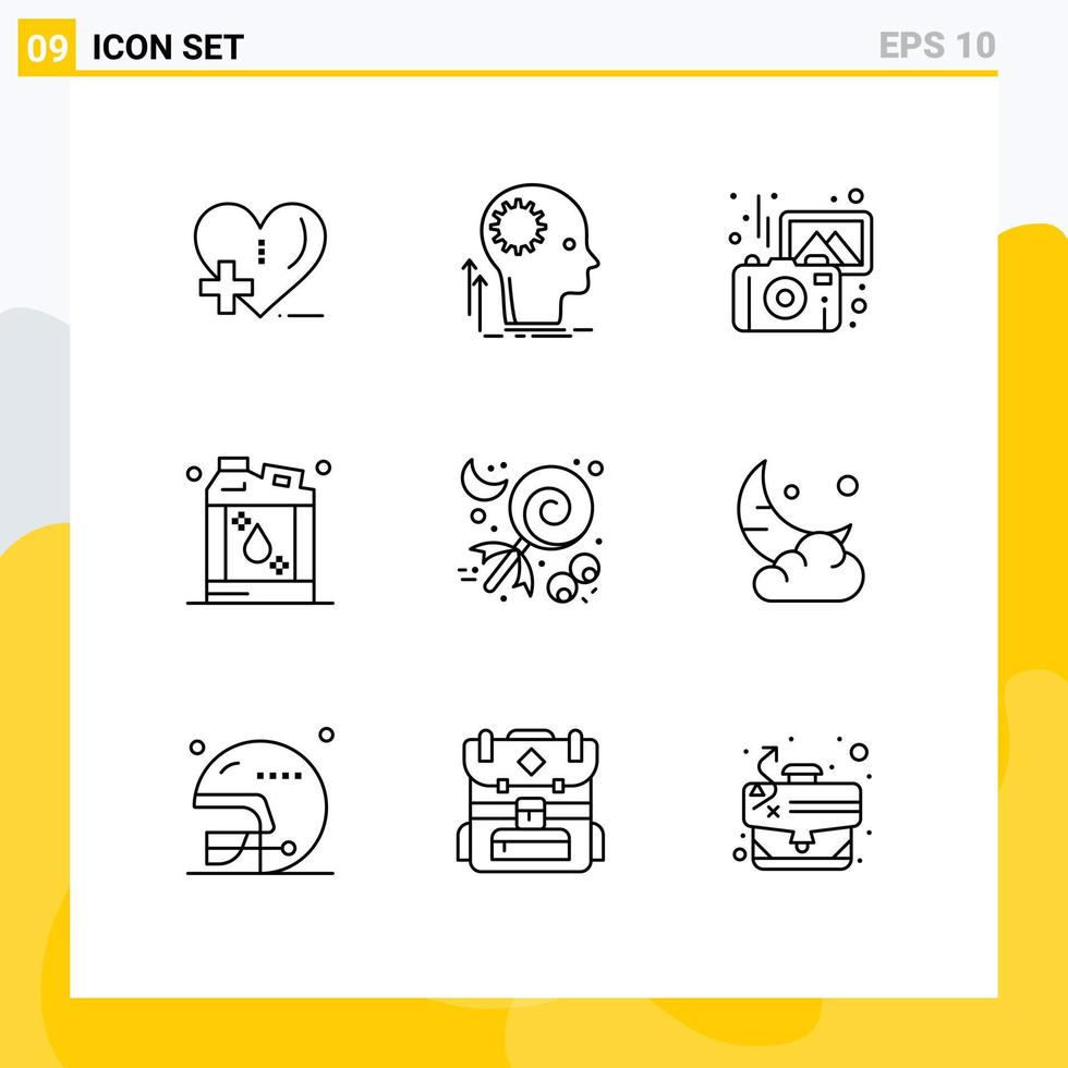 Universal Icon Symbols Group of 9 Modern Outlines of candy kerosene brainstorming flammable camera Editable Vector Design Elements