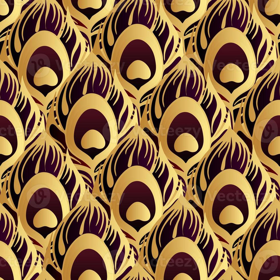 seamless pattern black purple peacock feather with thick golden outline, texture, design photo
