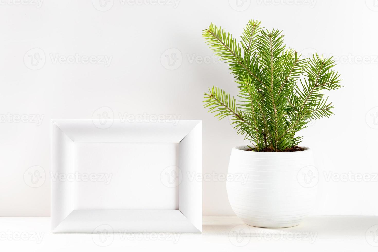 imagen mínima de navidad con un pequeño árbol de navidad en maceta y marco blanco sobre blanco. copie el espacio foto