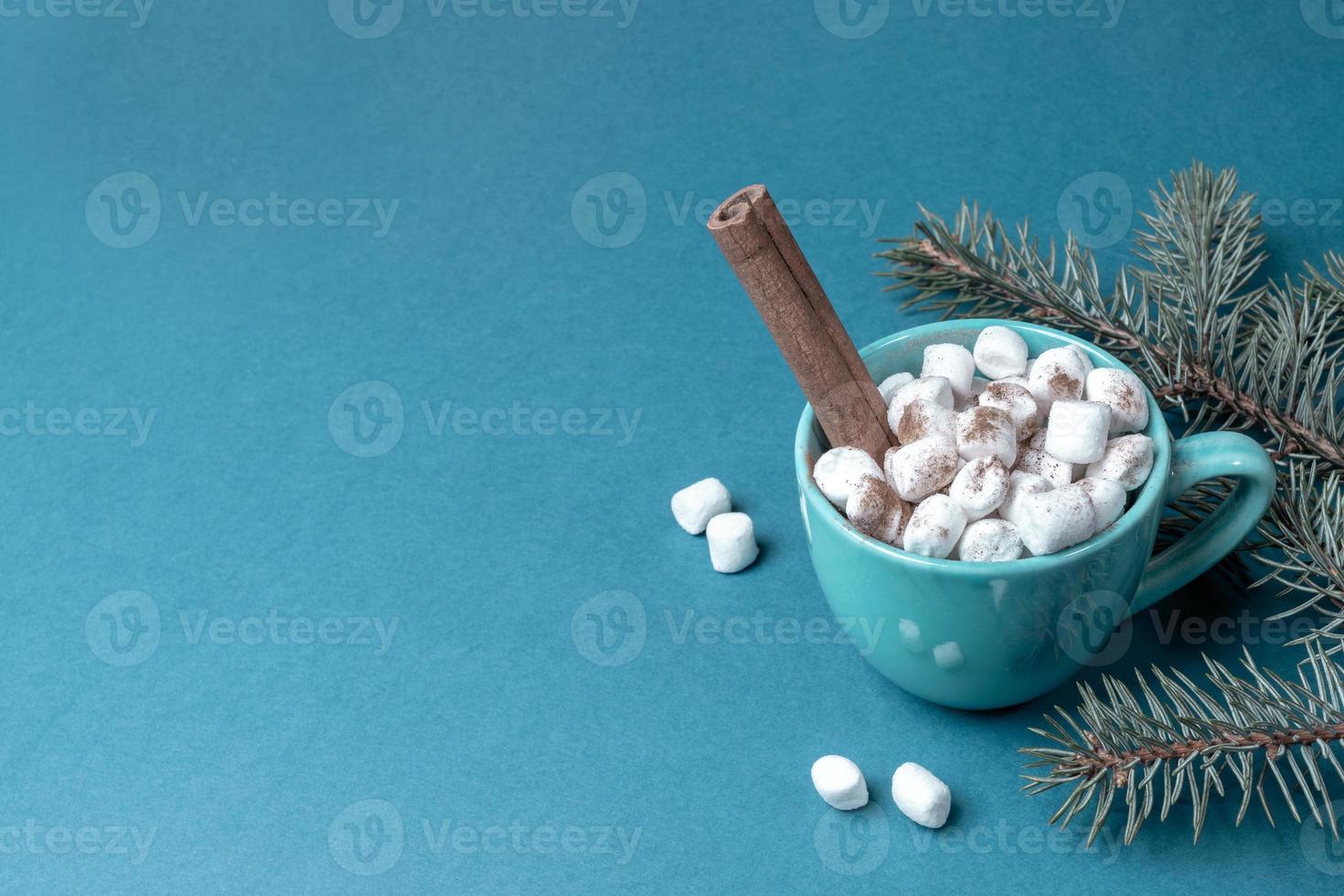 Cup of coffee or cocoa with marshmallows, cinnamon and fir branches on turquoise close up. Xmas background. Copy space. photo