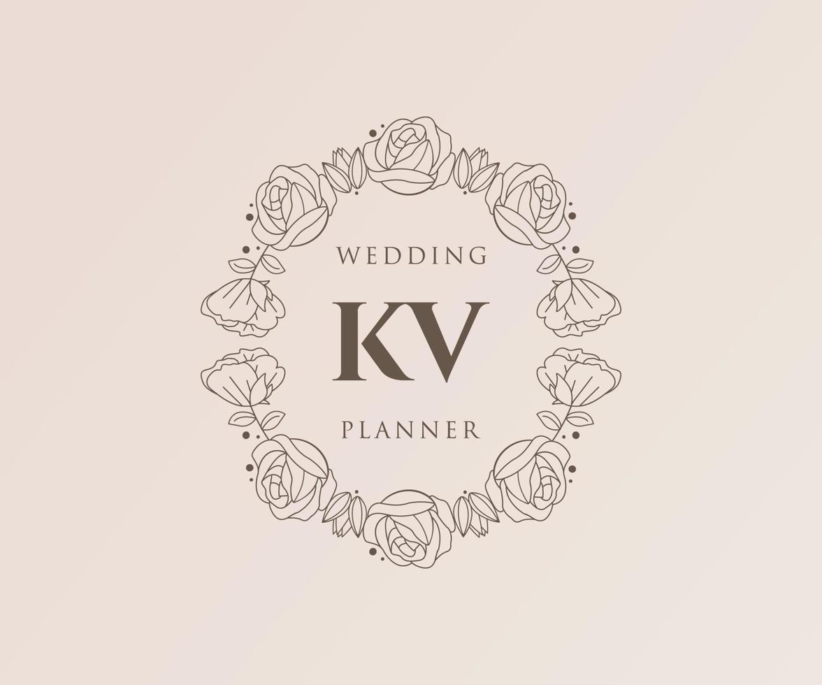 colección de logotipos de monograma de boda con letras iniciales kv, plantillas florales y minimalistas modernas dibujadas a mano para tarjetas de invitación, guardar la fecha, identidad elegante para restaurante, boutique, café en vector