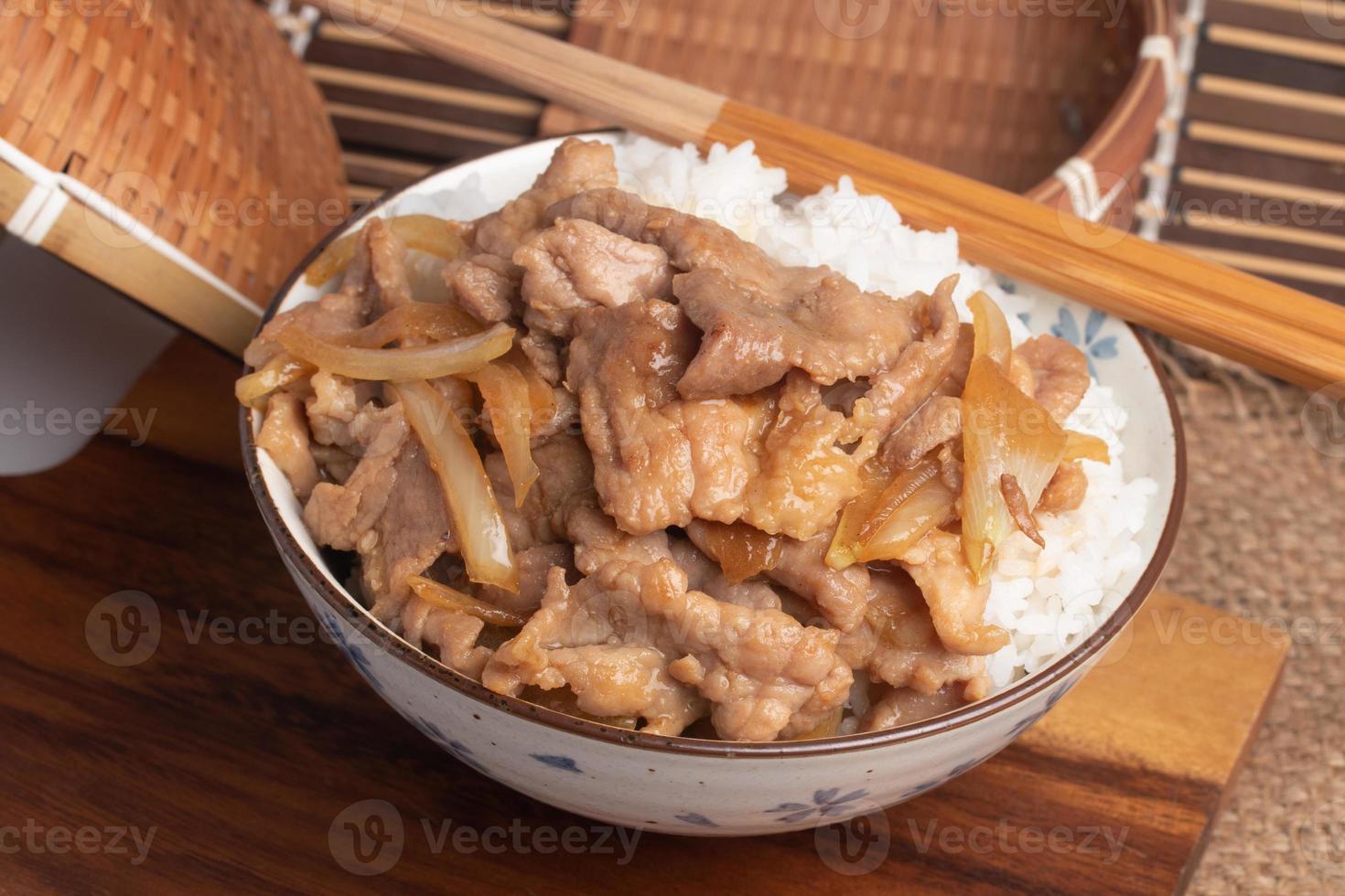 Grilled pork with Japanese sauce and onions photo