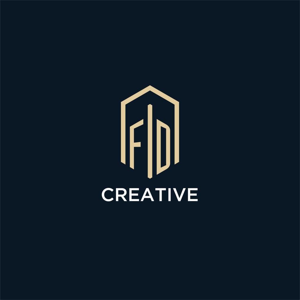 FD initial monogram logo with hexagonal shape style, real estate logo design ideas inspiration vector