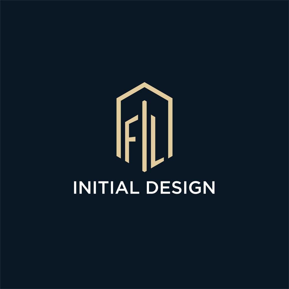 FL initial monogram logo with hexagonal shape style, real estate logo design ideas inspiration vector