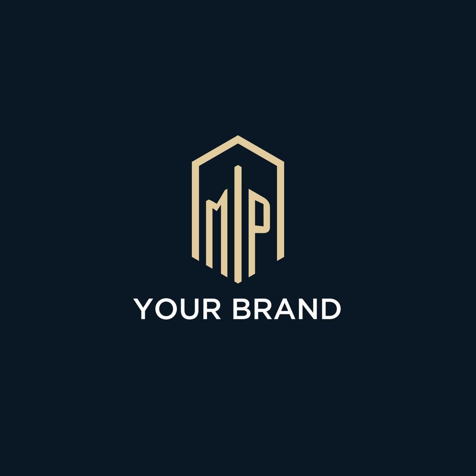 MP initial monogram logo with hexagonal shape style, real estate logo design ideas inspiration vector