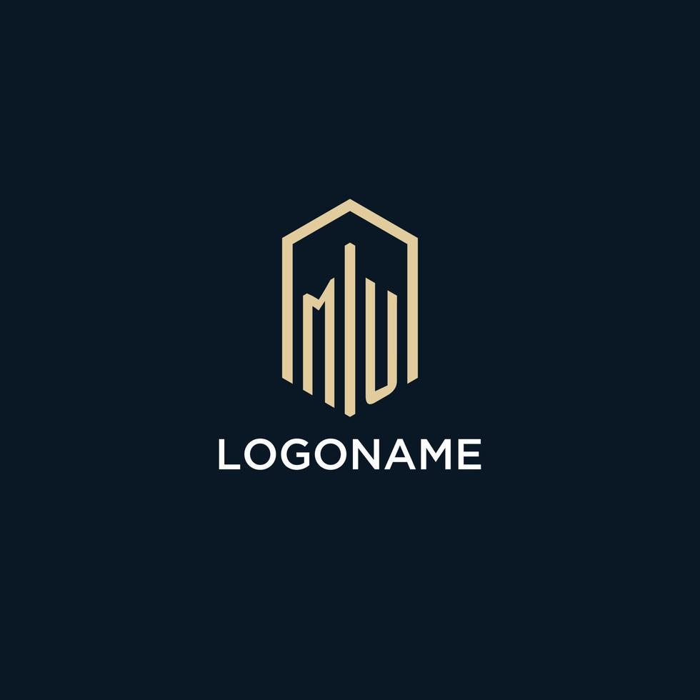 MU initial monogram logo with hexagonal shape style, real estate logo design ideas inspiration vector