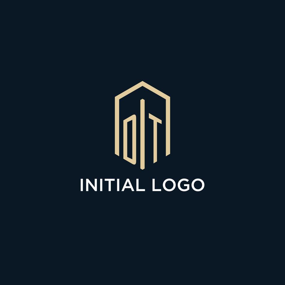 DT initial monogram logo with hexagonal shape style, real estate logo design ideas inspiration vector