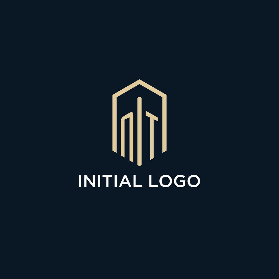 NT initial monogram logo with hexagonal shape style, real estate logo design ideas inspiration vector
