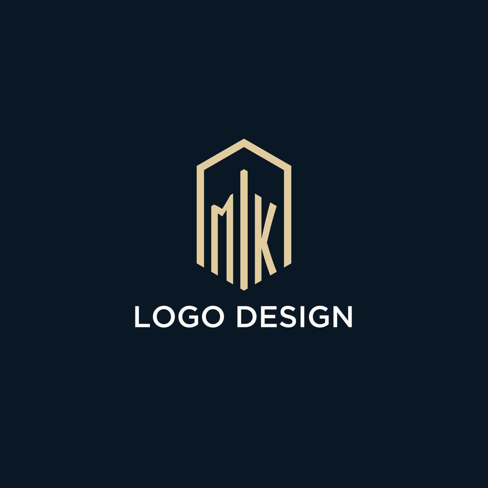 MK initial monogram logo with hexagonal shape style, real estate logo design ideas inspiration vector