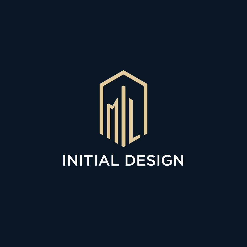 ML initial monogram logo with hexagonal shape style, real estate logo design ideas inspiration vector