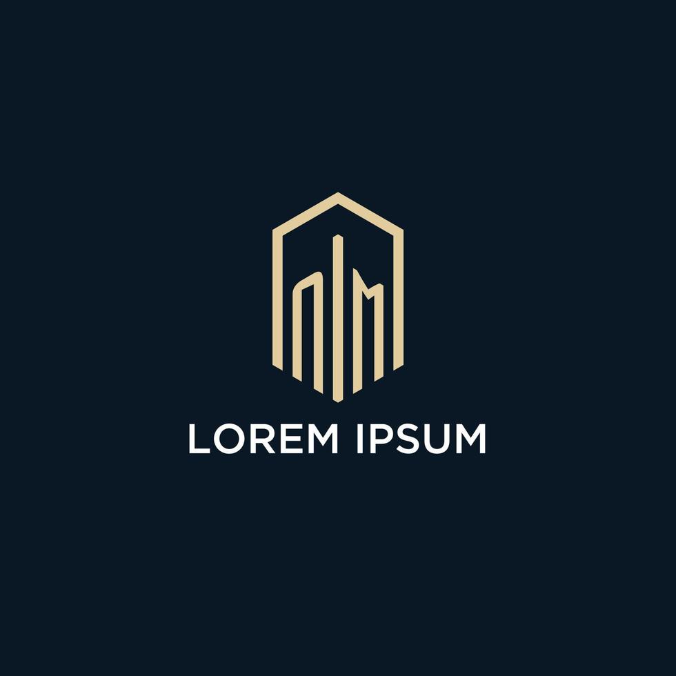 NM initial monogram logo with hexagonal shape style, real estate logo design ideas inspiration vector