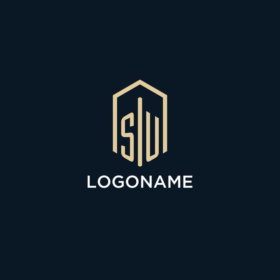 SU initial monogram logo with hexagonal shape style, real estate logo design ideas inspiration vector
