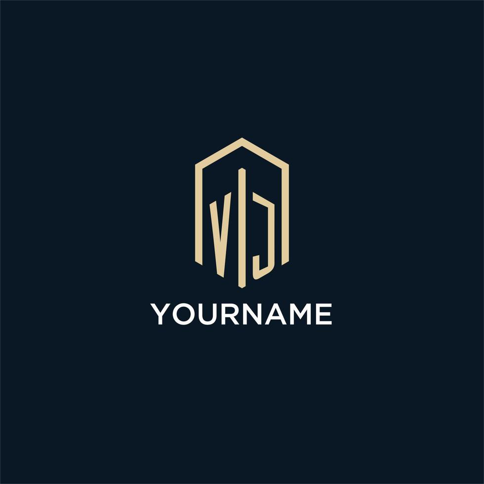 VJ initial monogram logo with hexagonal shape style, real estate logo design ideas inspiration vector