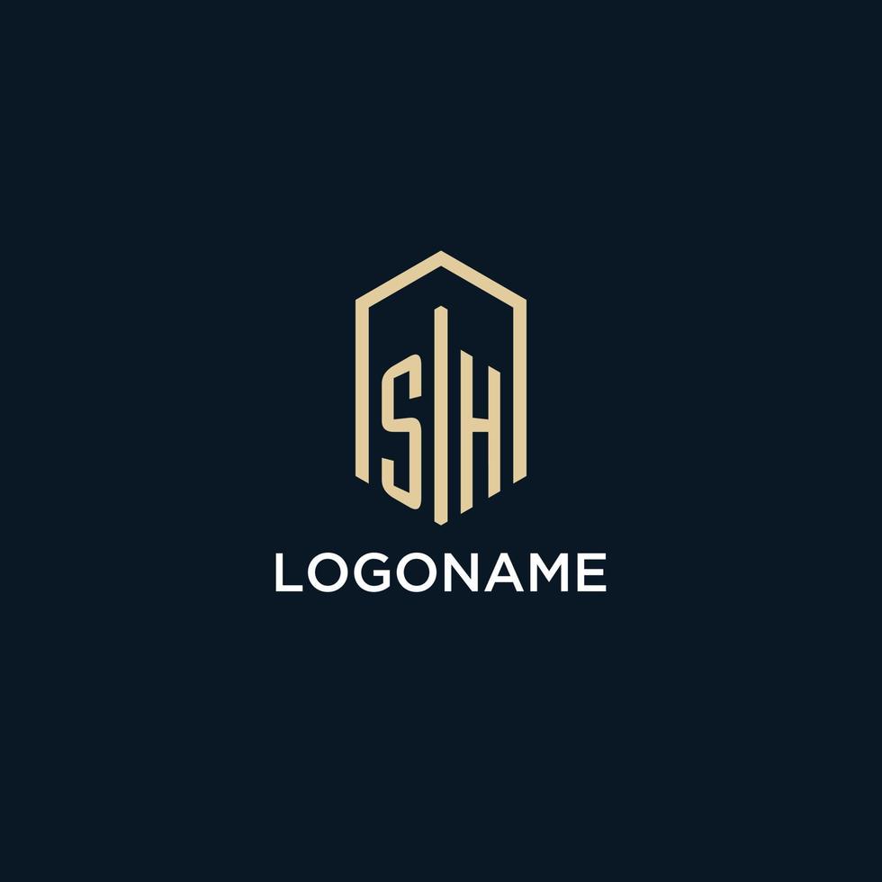 SH initial monogram logo with hexagonal shape style, real estate logo design ideas inspiration vector